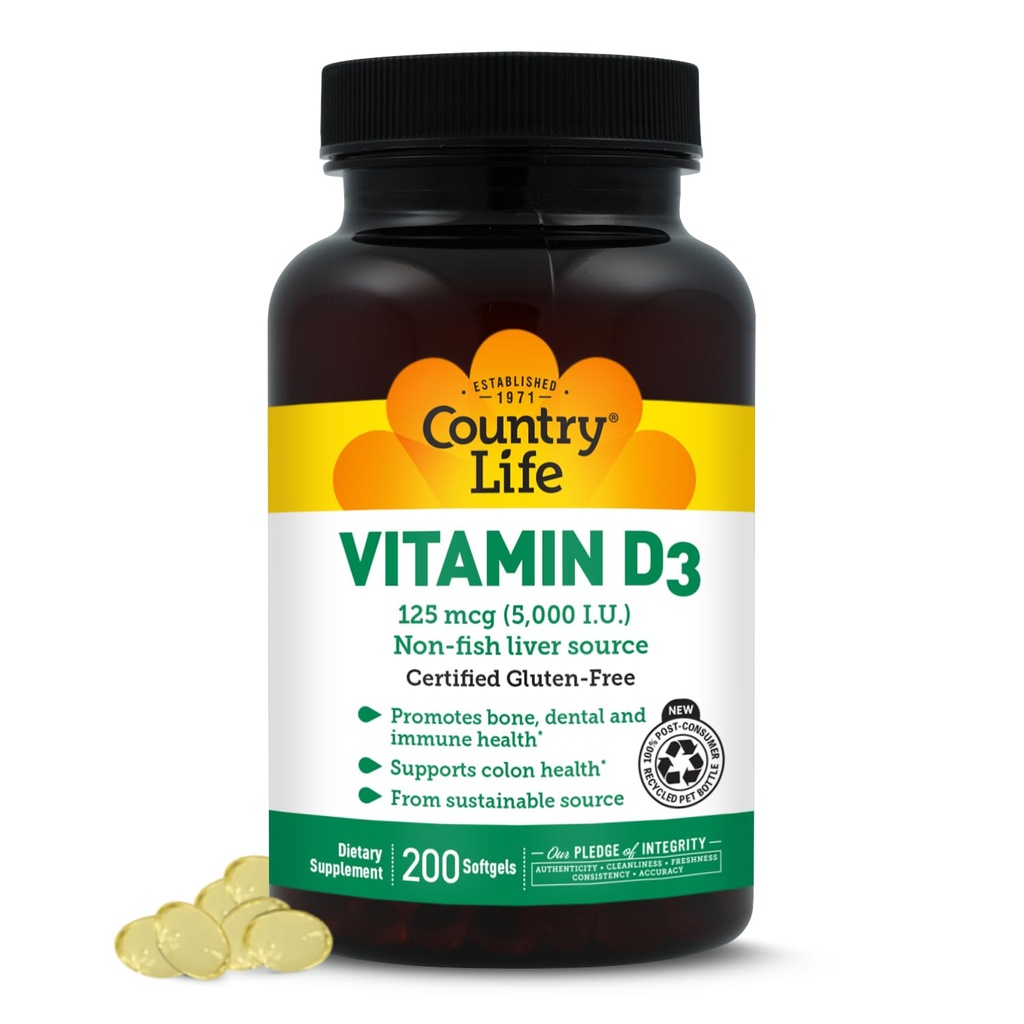 Country Life Vitamin D3 5000 IE for immun- og ben- sundhed, calciumabsorption og kolon - bæredygtig kilde fra Lanolin, fås i forskellige styrker