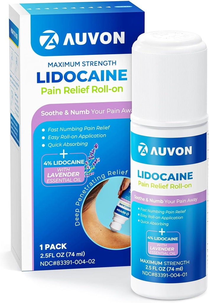 AUVON Lidocain Roll- On with Essential Oil, No Mess Applikator, Max Strength Lidocain, Quick Absorbing to Numb & Soothe Pain Relief for Knees, Shoulders, FSA / HSA Egnet, Lavender, 2.5 OZ, 1 Pack