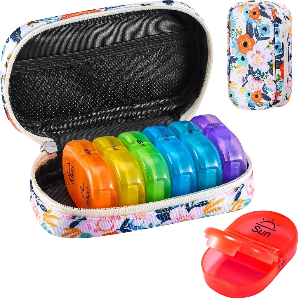 Serfeymi Ugentlig rejse Pill Organizer 2 gange en dag PM opgraderet Rainbow Pill Box 7 dag med Portable Zipper Canvas Pill Case, Medicin Organizer til piller, Vitaminer, Fiskeolier - Bloom 01