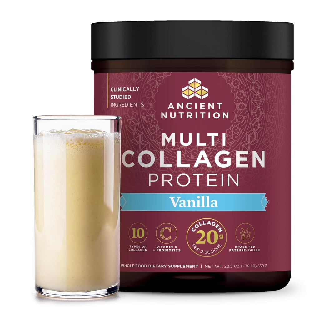 Ancient Nutrition Collagen Peptider Powder, Multi Collagen Protein, Kvinder & Mænd, C-vitamin, Probiotika, Hydrolyseret Collagen, Understøtter hud, Joints, Gut Health, Vanilla, 60 Servering