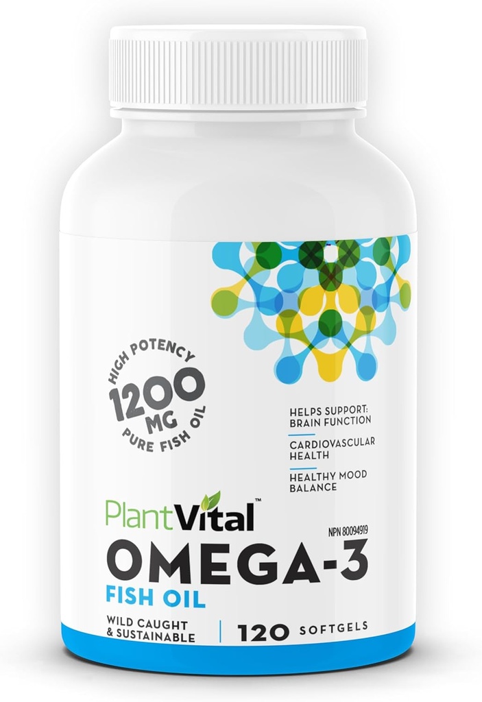Plantvital Omega 3 Fish Oil Capsules - Pure Norwegian Omega 3 Supplement - Triple Strength - Ingen fisk flavor - Molekylært desinficeret - Understøtter kognitiv, fælles, øje, hår og hjerte sundhed - 120 Greve