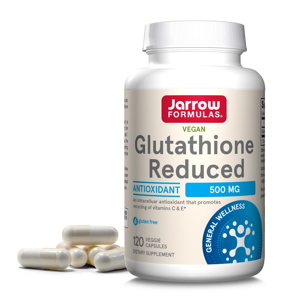 Jarrow Formulas Glutathione Reduceret 500 mg - 120 Veggie Caps - Pharmaceutical Grade Glutathion - Intracellulær antioxidant - Bolsters Regeneration af C-vitamin & E niveauer i kroppen - 120 Servere