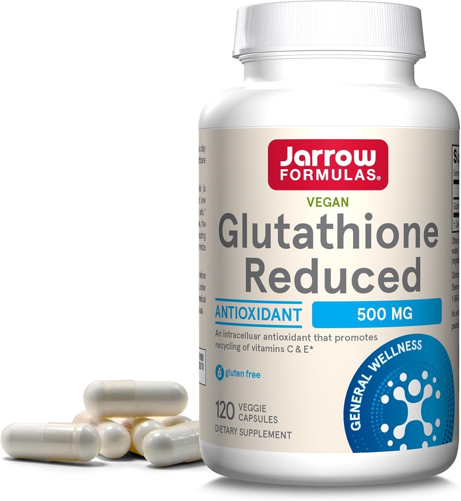 Jarrow Formulas Glutathione Reduceret 500 mg - 120 Veggie Caps - Pharmaceutical Grade Glutathion - Intracellulær antioxidant - Bolsters Regeneration af C-vitamin & E niveauer i kroppen - 120 Servere