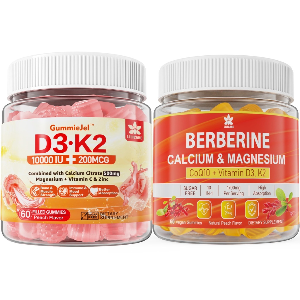 Sugar- Free Vitamin D3 K2 Gummies med Calcium, Magnesium Citrat, C-vitamin + berberine Supplement Gummies, med Liposomal Berberine & Berberine HCI, Calcium, Magnesium