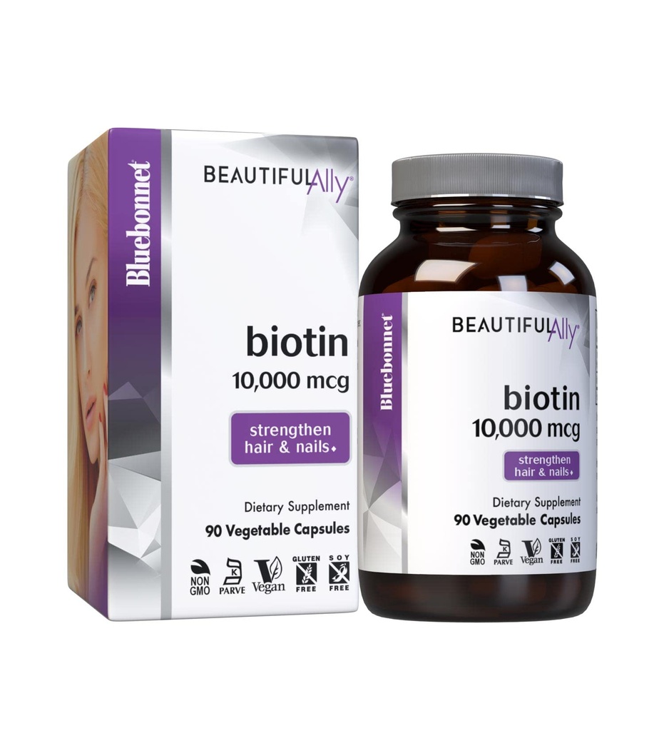 Bluebonnet Nutrition Smuk Ally Biotin 10.000 mcg, Styrke hår & negle *, Non- GMO, Vegan, Kosher Certificeret, Gluten- fri, Soy- fri, 90 Vegetabilske kapsler, 90 Servere