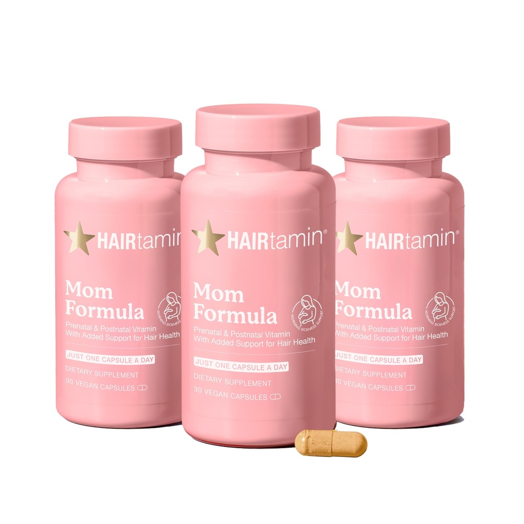 HAIRtamin MOM Vegan prænatal & Postnatal Multivitamin Capsules & Hår Vitaminer, Postpartum, Amning, Hårnegle, og Hud Vitaminer til kvinder med biotin, zink, jern (3- Pack)