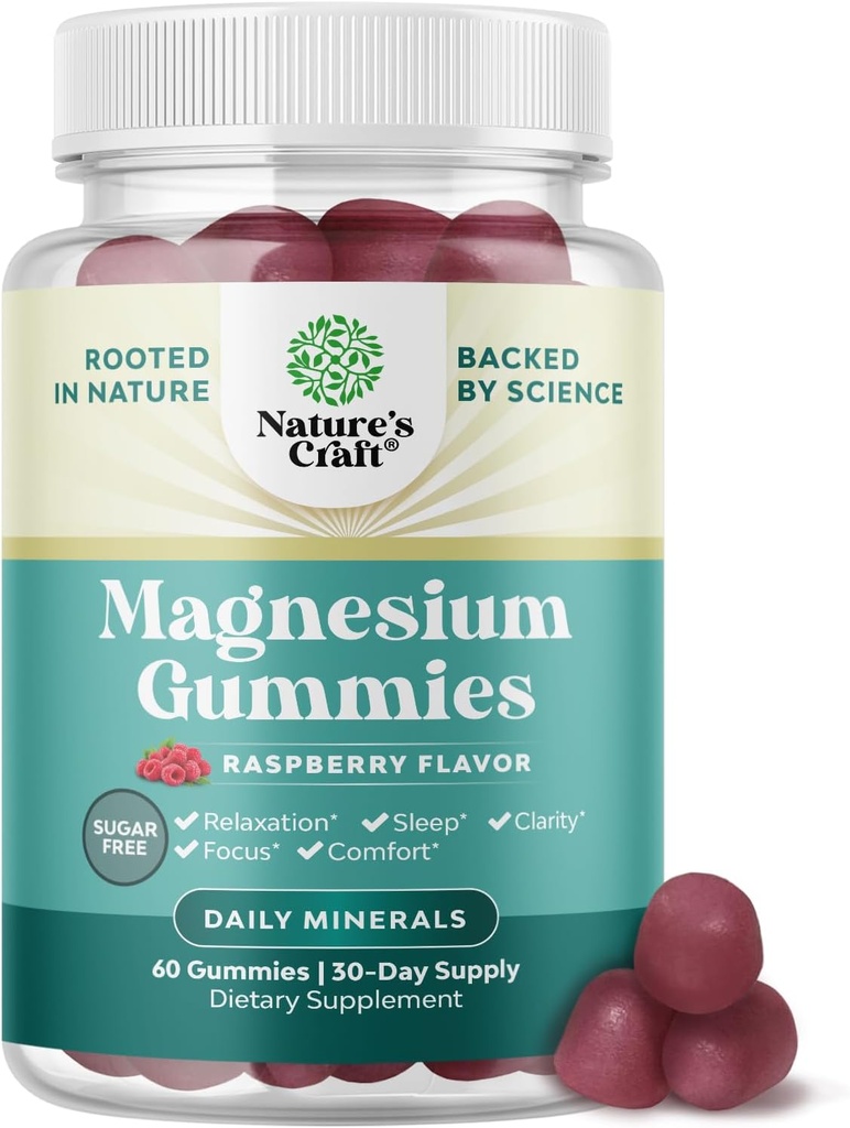 Sugar- Free Extra Strength Calm Magnesium Gummier for voksne - Afslappende Magnesium Citrate Gummies med Elemental Mag - Sleep Aid Soft Chews Raspberry Flavored - Krop og sind Afslapning - 60 Greve