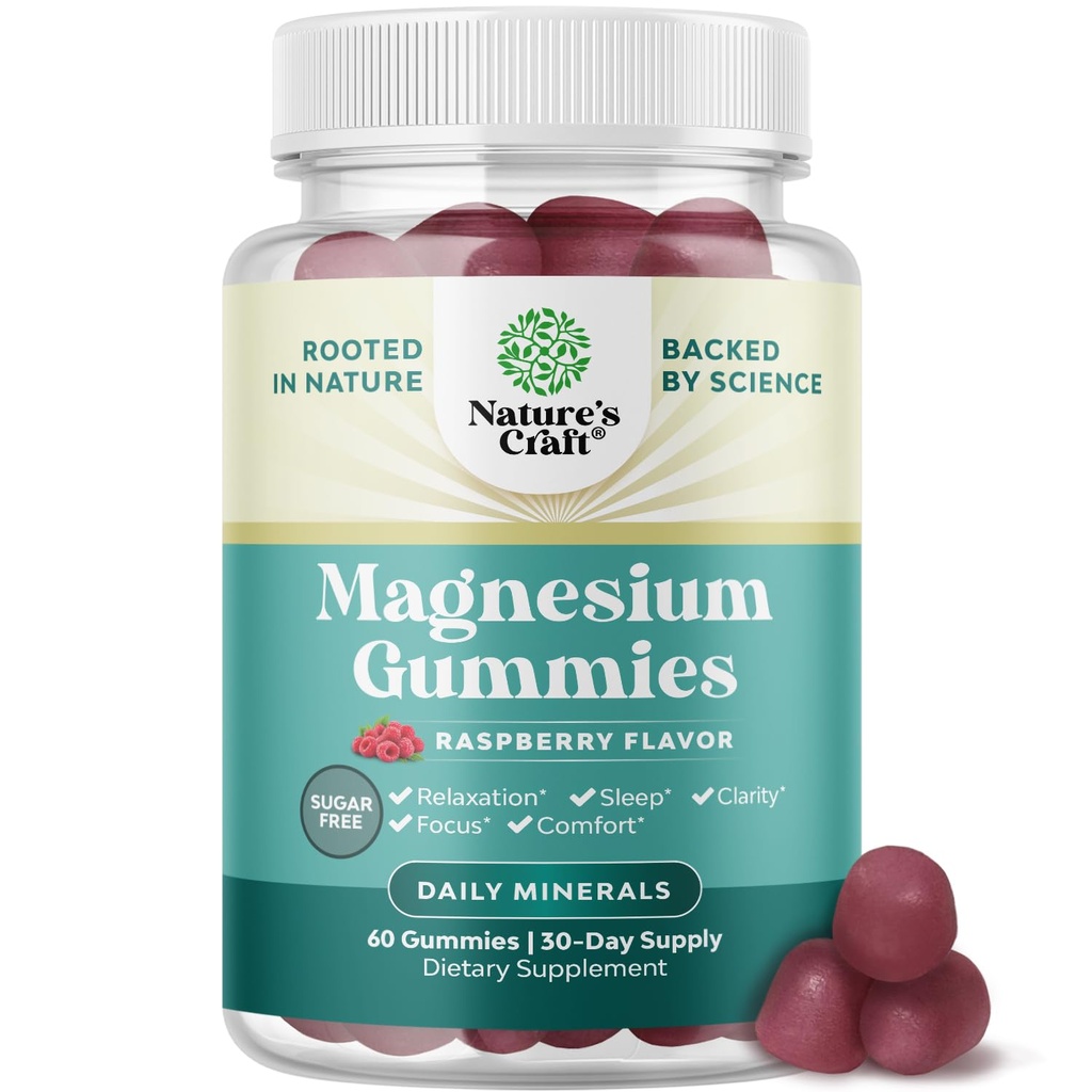 Sugar- Free Extra Strength Calm Magnesium Gummier for voksne - Afslappende Magnesium Citrate Gummies med Elemental Mag - Sleep Aid Soft Chews Raspberry Flavored - Krop og sind Afslapning - 60 Greve