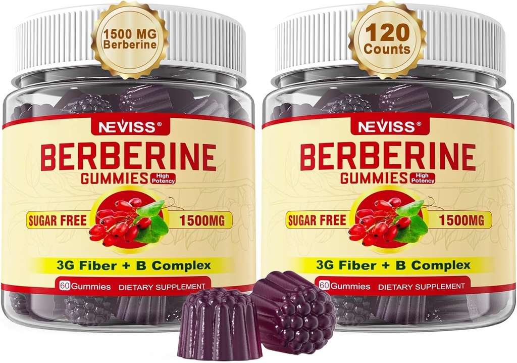 NEVISS Berberine Supplement 1500mg, AMPK Activator med 3G Prebiotic Fiber, B1 B3 B6, Sugar Free Berberine HCL Gummies for Women and Men - Understøtter immunsystem, fordøjelsesbesvær, 2pack 120 Cts