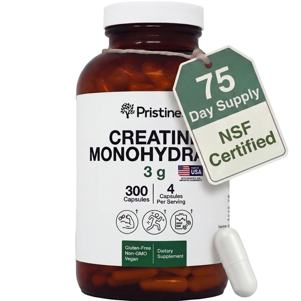 PRISTINE 'S Creatinine Monohydrat Kapsler til kvinder & mænd - NSF Certified 75 Day Supply 3G Creatinine Pills til kvinder - Kognitiv & atletisk Performance Support - Forbedret Inddrivelse Glas flaske