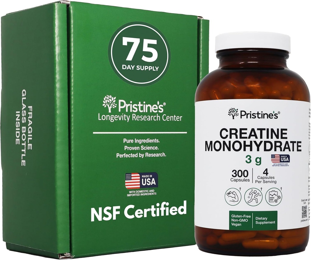 PRISTINES Creatinine monohydrat kapsler til kvinder & mænd - NSF Certified 75 Day Supply 3G muskelvækst Support - Kognitiv & atletisk Performance Support - Forbedret inddrivelse
