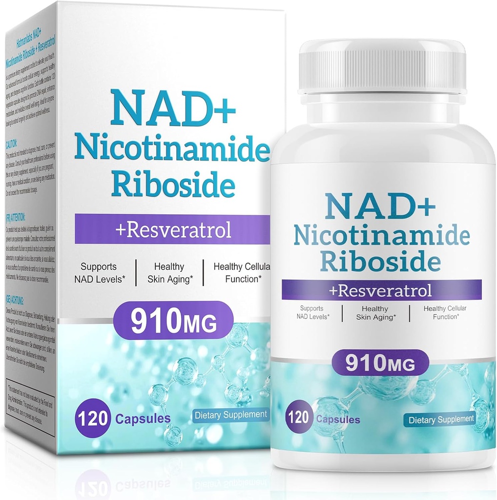 NAD Supplement for mænd og kvinder - Liposomal Nicotinamid Riboside, Quercetin, NAD + Supplement med Resveratrol 910mg - Understøtter muskel, hjerne, energi, 120 kapsler