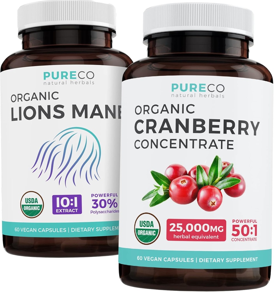 Spar $4 (12% off) - Mind & Body Bundle - Organic Cranberry Concentrate (50: 1 Koncentrat - svarende til 25000 mg friske tranebær) og Organic Lions Mane (10: 1 Uddrag - svarende til 10,000 mg svampe)