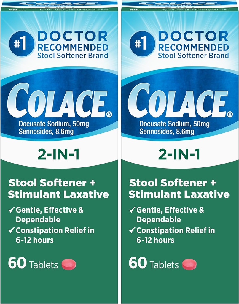 Colace 2- in-1 Afføringsmiddel Plus Stimulerende Laxative for genert effektiv Forstoppelse Relief, Docusat natrium Plus Sennosides, 60 Greve (pakke med 2)