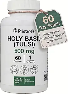 PRISTINE 'S Holy Basil Capsules - 500 mg Gluten Free Immunity & Relaxation Support Adaptogen Supplement - 60 dages forsyning - Tulsi Holy Basil Leaf Extract Kapsler - Vegan - Non- GMO