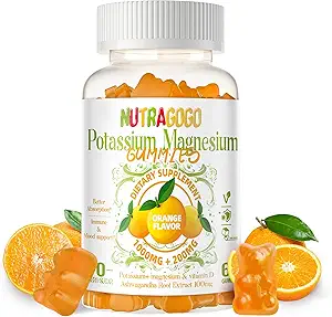 Kalium Magnesium Gummies, Kalium Supplement w / Ashwagandha, Høj Absorption Magnesium Glycinat, B6, D3, Kalium Citrat for ben kramper, Muskel, Elektroyte for voksne børn, Sugar- fri, 60 Gummies