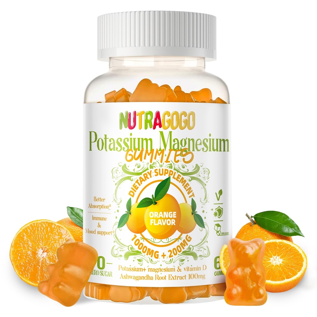 Kalium Magnesium Gummies, Kalium Supplement w / Ashwagandha, Høj Absorption Magnesium Glycinat, B6, D3, Kalium Citrat for ben kramper, Muskel, Elektroyte for voksne børn, Sugar- fri, 60 Gummies