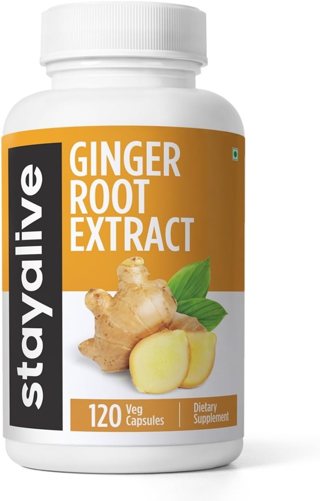 STAY ALIVE Pure Ginger Root Capsules 1000mg, 10:1 Extract Powder with 5% Gingerols, 120 Pills, Extra Strength Root Powder, Vegan, Non-GMO and Gluten-Free Ginger Supplement