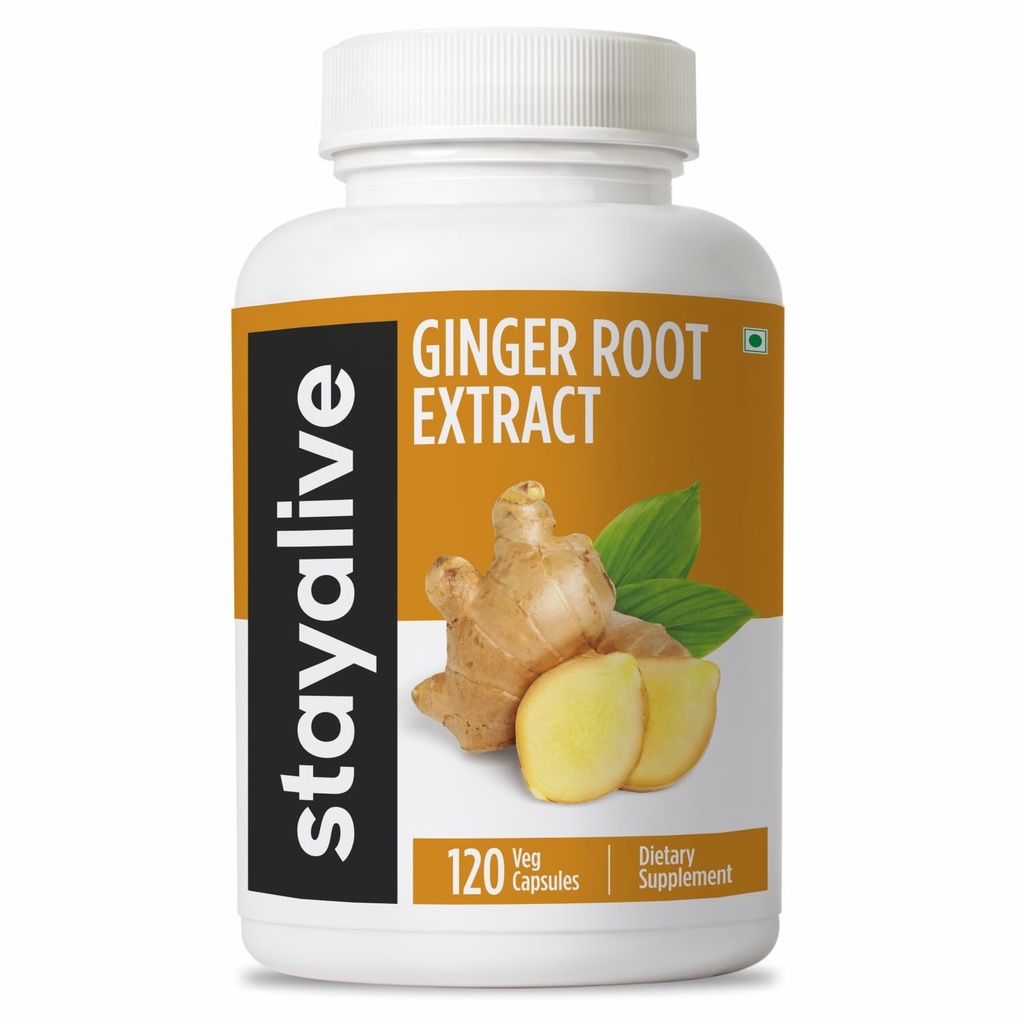 Stay ALIVE Pure Ingefær Root Capsules 1000mg, 10: 1 Extract Powder with 5% Gingerols, 120 Pills, Extra Strength Root Powder, Vegan, Non- GMO og Gluten- Free Ginger Supplement