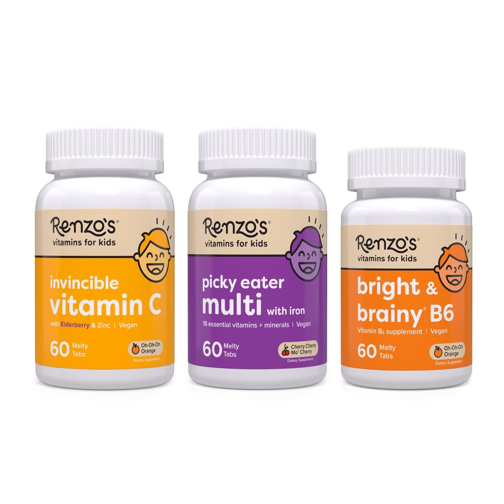 Renzos vitaminer Tilbage til skolen Bundle, Bright & Brainy Vitamin B6, Picky Eater Kids Multivitamin, og Kids Vitamin C med Elderberry & Zink til immunforsvar