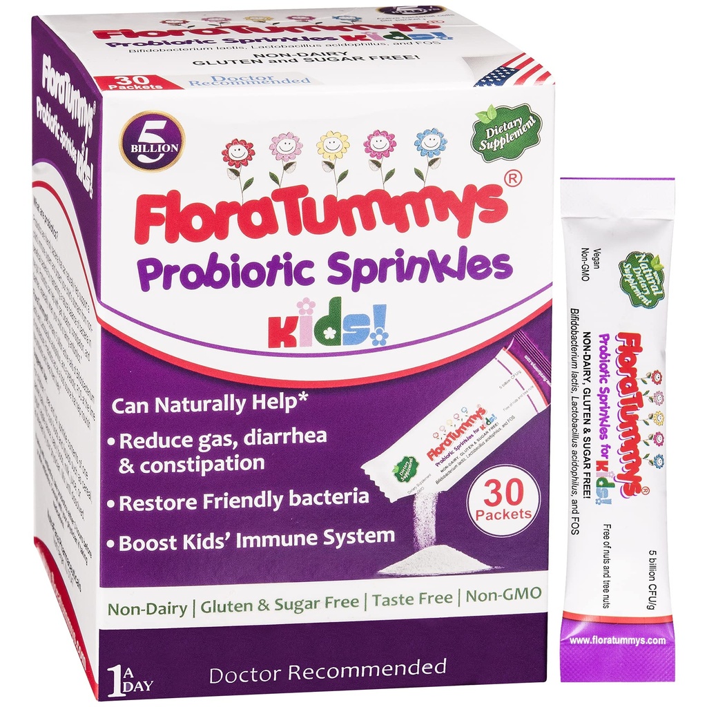 FloraTummys Probiotika til børn: 30 Taste- Free Powder Packets, Free of Food Allergens, Non- Dairy, Gluten Free, Sugar Free, Non- GMO, Vegan