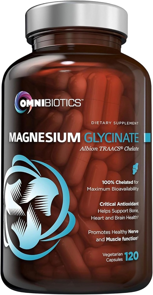 OmniBiotika Magnesium Glycinat Supplement - med 100% Pure Albion TRAACS Bisglycinat Chelat til søvn, muskel, nerve & hjerte sundhed - 120 Vegankapsler