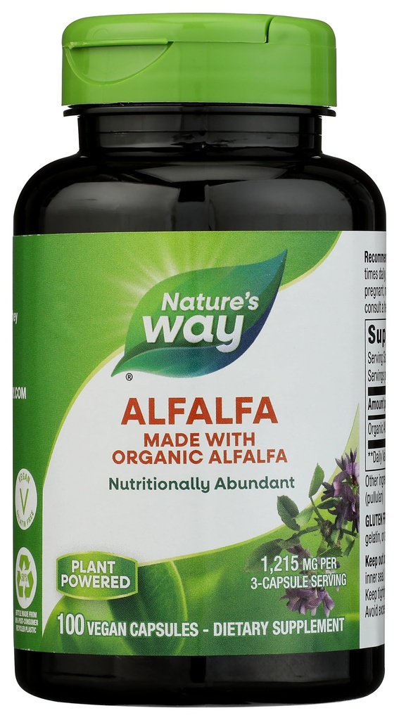 Nature 's Way Alfalfa, Made With Organic Alfalfa, 1,215 mg per 3-kapsel servering, Alfalfa Herbal Capsule, Gluten Free, Vegan, 100 kapsler (Packaging May Vary)