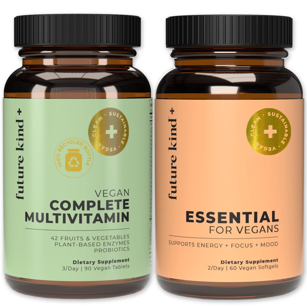 Future Kind Multivitamin Bundle - Vegan Complete Multivitamin og Vegan Essential Multivitamin - Vegan Vitamin B12, Omega 3, og D3 Vitamin - Complete Multivitamin, 42 Vitamin i 1 for mænd og kvinder
