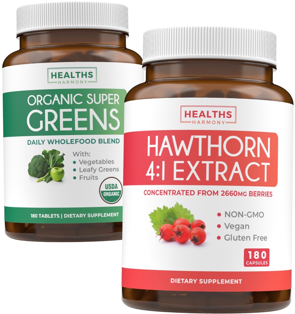 Super Greens & Hawthorn Extract (3-måneders levering) Super Berry Blend Bundle of Organic Super Greends Powder - Komplet Superfood & Hawthorn Berry 4: 1 Extract - High Strength Extract (180 kapsler)
