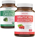 Super Greens & Hawthorn Extract (3-måneders levering) Super Berry Blend Bundle of Organic Super Greends Powder - Komplet Superfood & Hawthorn Berry 4: 1 Extract - High Strength Extract (180 kapsler)