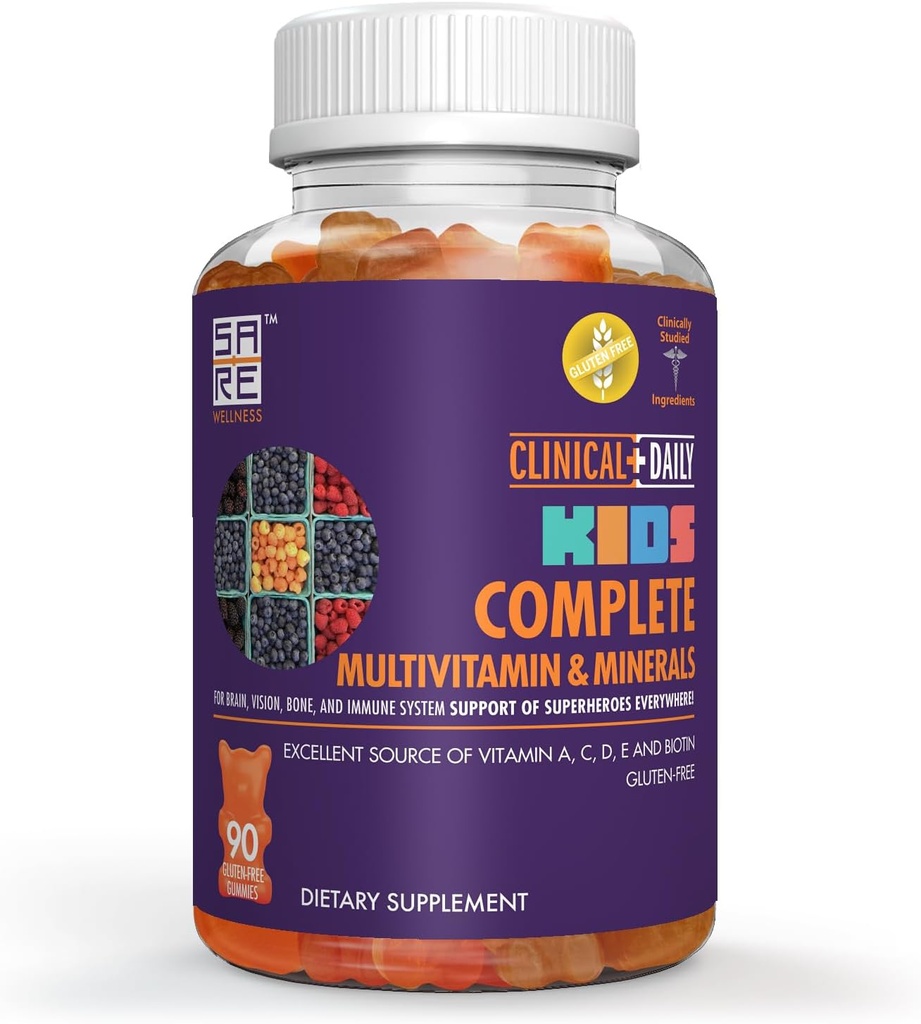 Klinisk Daily Complete Kids Multivitamin Daily Gummy Supplement for hjerne, Vision, Knogler og immunforsvar. Vitaminer A, C, E, D, B6, B12, Folate, Biotin, Essential Minerals. 90 Gluten Free Yummy Gummies