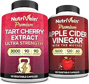 Nutrivein Premium Tart Cherry 500mg & Apple Cider Vinagar 1600mg Bundle - Muscle Recovery & Uric Acid Cleanse Plus fordøjelsesstøtte & vægthåndtering - non-GMO, Vegan / Vegetar - 90 + 120 piller