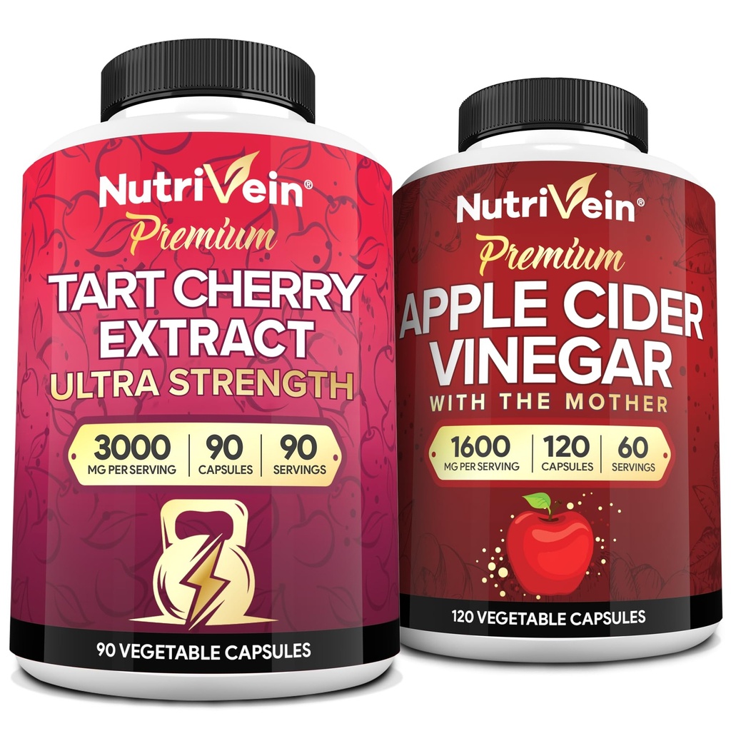 Nutrivein Premium Tart Cherry 500mg & Apple Cider Vinagar 1600mg Bundle - Muscle Recovery & Uric Acid Cleanse Plus fordøjelsesstøtte & vægthåndtering - non-GMO, Vegan / Vegetar - 90 + 120 piller