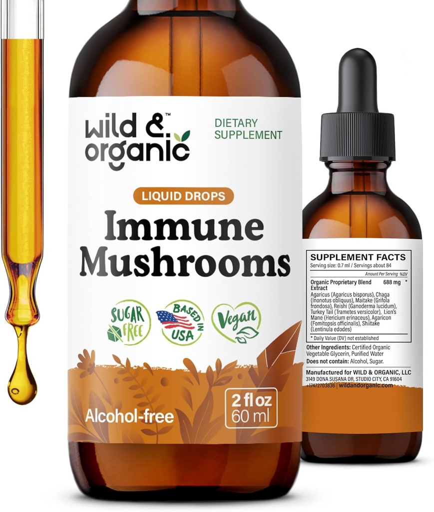 Wild & Organic Immunchampignons Tincture - 8-in-1 Mushroom Kompleks med Chaga, Tyrkiet Hale, Lions Mane, Reishi Extract - Immunsupport Drops - Vegan, Sukker & Alkohol- Free Liquid Supplement - 2 fl oz