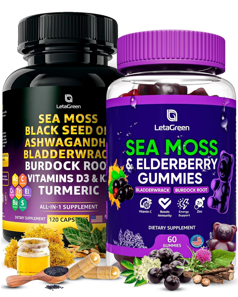 Sea Moss Capsules + Gummies Bundle, 60 Irish Sea Moss Gummies + 120 Ocean Wild SeaMoss Capsules med vitaminer og mineraler