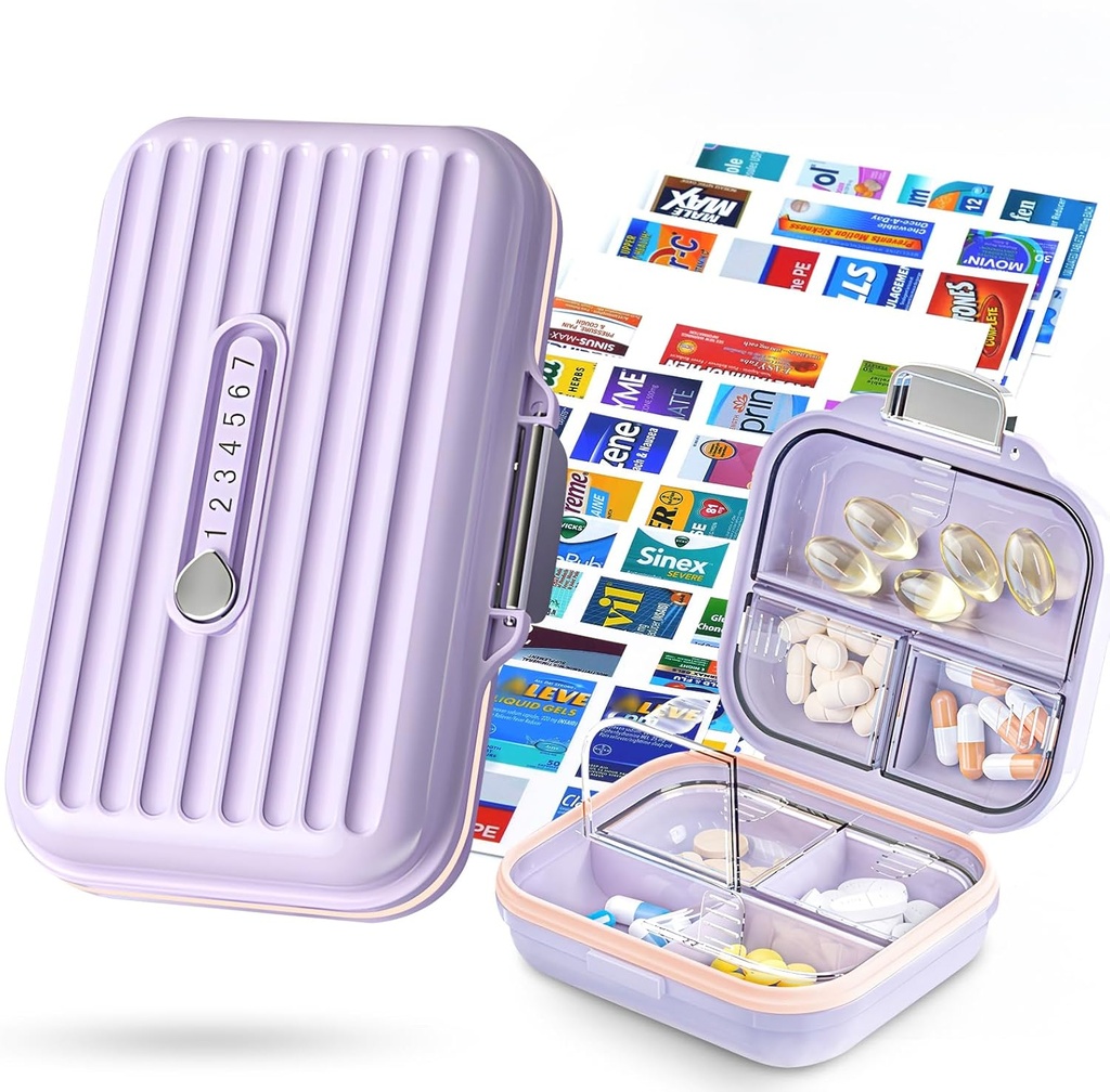 Rejse Pill Organizer Box med Medicine Labels, 2Pack 7 Compartments Portable Pill Case, Daglig Medicin Organizer opbevaring Pill Container til Pocket Farmaci (lilla, S + L 2pack)