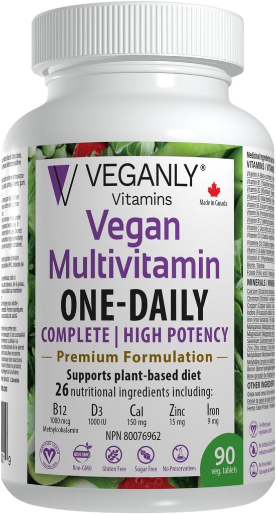 Vegansk Multivitamin One- Daily, (90 Veg tabletter). Komplet Nutrition Support til Plant- baseret, Vegansk eller Vegetarisk kost. 26 Essentials med høj potens i B12 & D3.