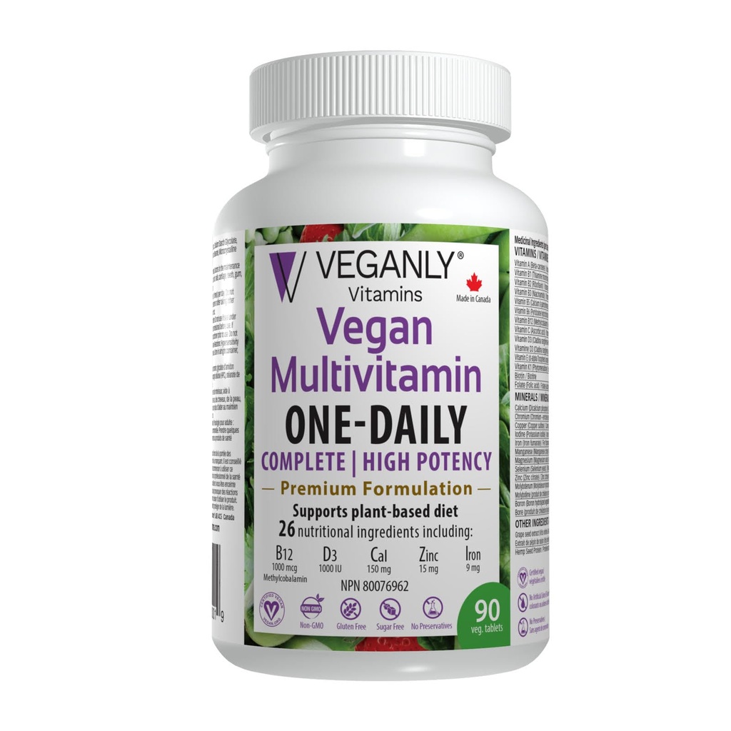 Vegansk Multivitamin One- Daily, (90 Veg tabletter). Komplet Nutrition Support til Plant- baseret, Vegansk eller Vegetarisk kost. 26 Essentials med høj potens i B12 & D3.