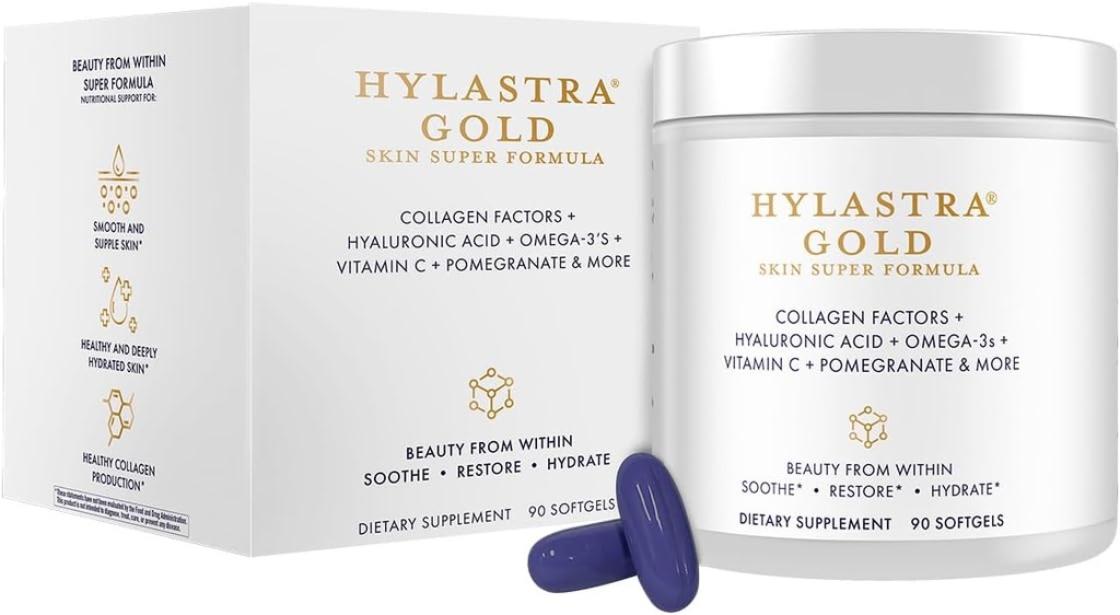 Renhed Produkter Hylastra Gold Softgels Collagen + Hyaluronic Acid + Skønhed Boosting Powerhouse Ingredienser - Øget Skin Hydration & Elasticitet - Reducerer fine linjer & Wrinkles - 90 Softgels