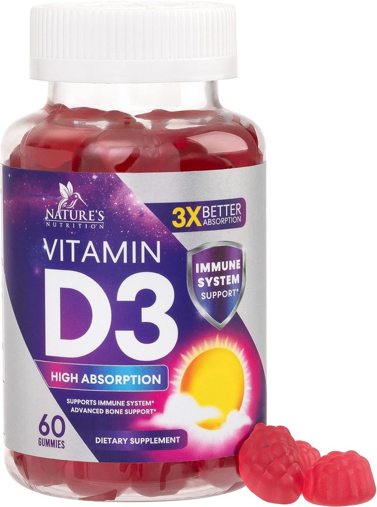 Vitamin D3 Gummy 5000 IU (125 mcg) - Dietary Vitamins D Supplement for Women & Men - Bone, Teeth, Muscle & Immune Health Support, High Potency VIT D3 Nature's Non-GMO & Gluten Free - 60 Gummies