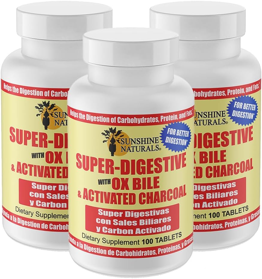 Sunshine Naturals Super fordøjelsestillæg. Ox Bile & Aktiveret kul til fordøjelsesstøtte, Bloating Relief, Gut Cleanse, Nutrient Absorption, og Samlet Wellness. 100 tabletter. Pakning med 3