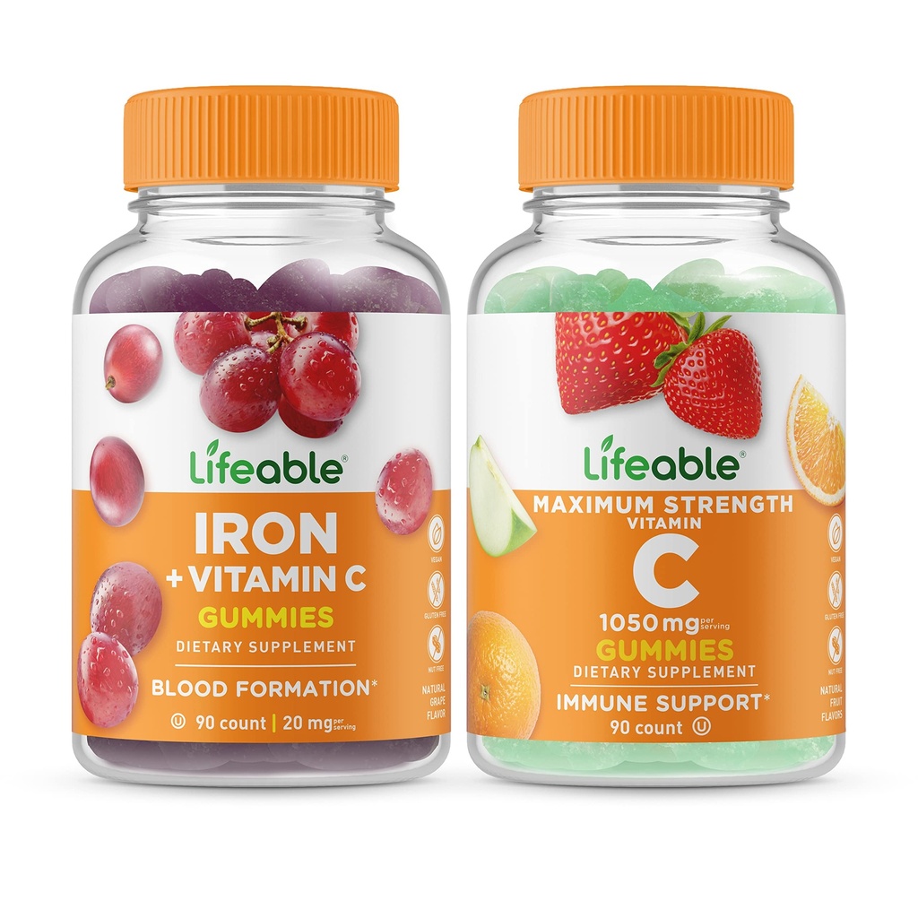 Levende jern med C-vitamin + C-vitamin 1050mg, Gummies Bundle - Great Tasting, Vitamin Supplement, Gluten fri, GMO fri, Chewable Gummy