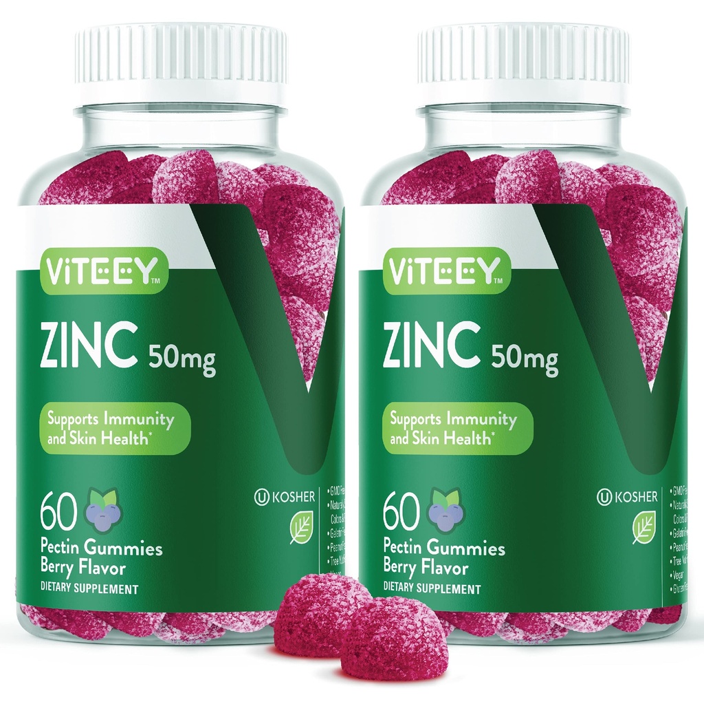 VITEEY Zink gummier til mænd og kvinder - Zink kosttilskud 50mg - immunboost & hudsundhed - Vegan, Gluten Free - 120 Greve