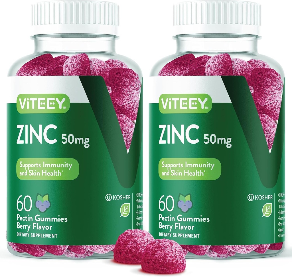 VITEEY Zink gummier til mænd og kvinder - Zink kosttilskud 50mg - immunboost & hudsundhed - Vegan, Gluten Free - 120 Greve