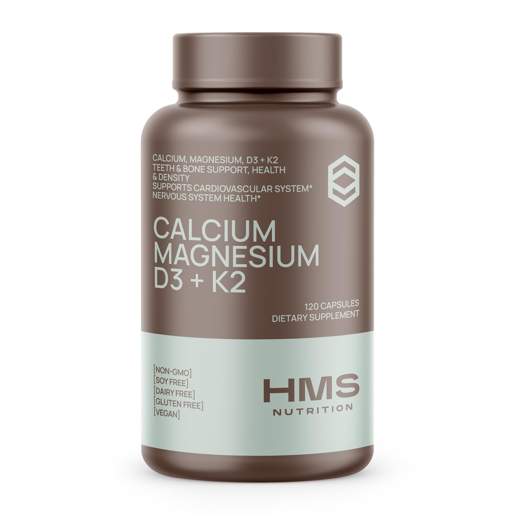 Calcium, Magnesium, Vitaminer D3 + K2 for ben sundhed, immunforsvar, knogler & tænder Calciumsupplement for kvinder & mænd, non-GMO, gluten- fri, 120 kapsler