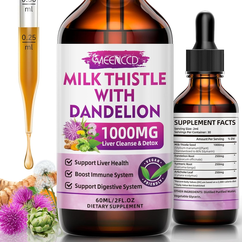 Mælk Thistle Liquid Drops - Lever rense Detox & reparation - 1000mg Mælk Thistle supplement til leverstøtte, Silymarin lever supplement til leversundhed, Vegan, non-GMO, 2 Fl Oz