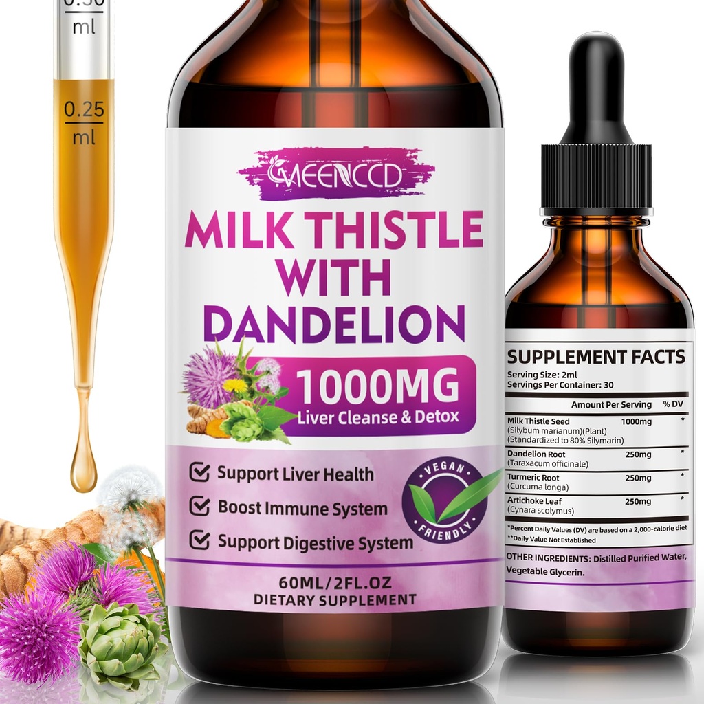 Mælk Thistle Liquid Drops - Lever rense Detox & reparation - 1000mg Mælk Thistle supplement til leverstøtte, Silymarin lever supplement til leversundhed, Vegan, non-GMO, 2 Fl Oz
