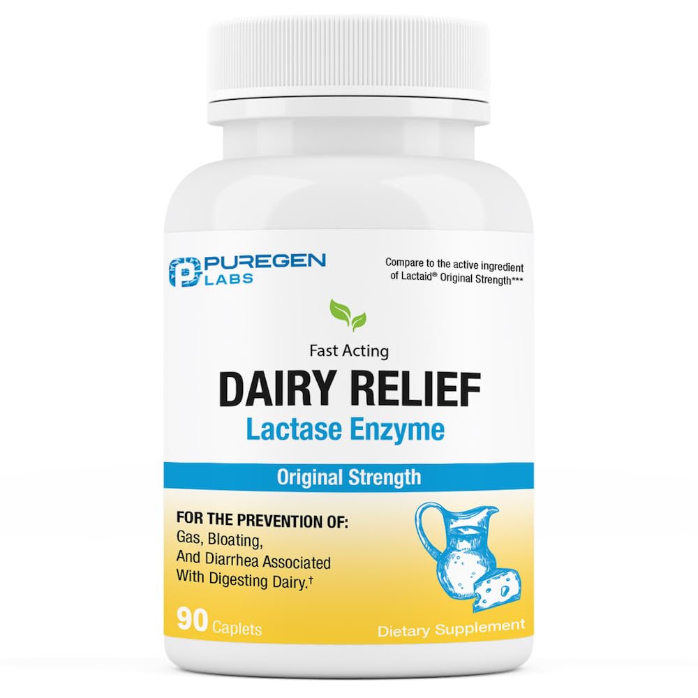 Puregen Labs Dairy Relief Natural Fast Actioning Lactase Enzyme 3000 FCC, Lactose Intolerance Pills 90 Caplets