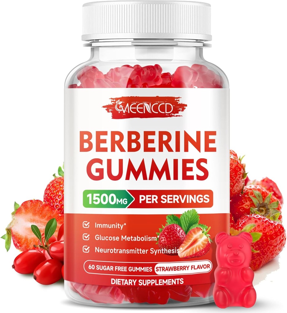 Berberine Gummies med Ceylon kanel 1500mg høj potens Berberine HCL supplement til immunforsvar, sukker fri, Vegan, Strawberry Flavor, 60 Greve