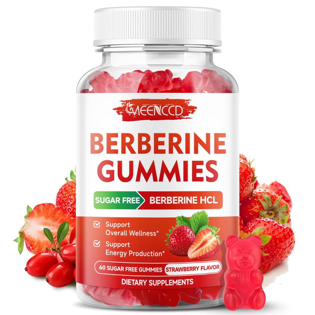 Berberine Gummies med Ceylon kanel 1500mg høj potens Berberine HCL supplement til immunforsvar, sukker fri, Vegan, Strawberry Flavor, 60 Greve